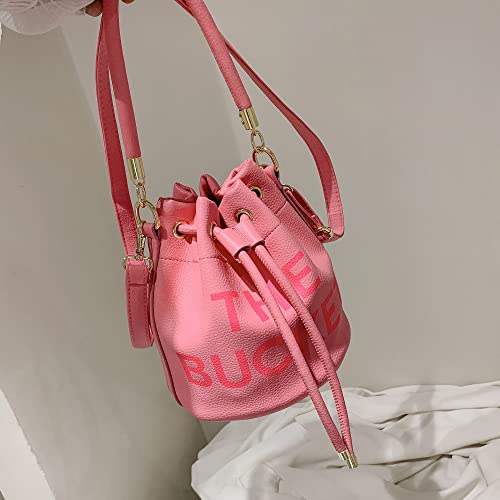 Small Bucket Bag for Women, Leather Bucket Bag Purses, Crossbody/Handbag/Hobo Bag(7.9*7.9*8.3in) (Rose Red)