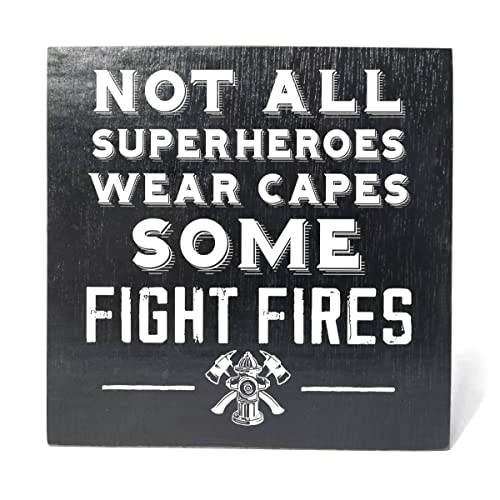 Modern Firefighter Gifts Wooden Box Sign Table Decor Plaque Not All Superheroes Wear Capes Some Fight Fires Wood Box Sign Art Home Shelf Desk Decoration 5 x 5 Inches