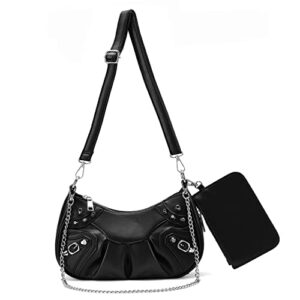Women's Small Shoulder Handbag with Silver Chain and Removable Coin Pouch and Crossbody Strap (Black)