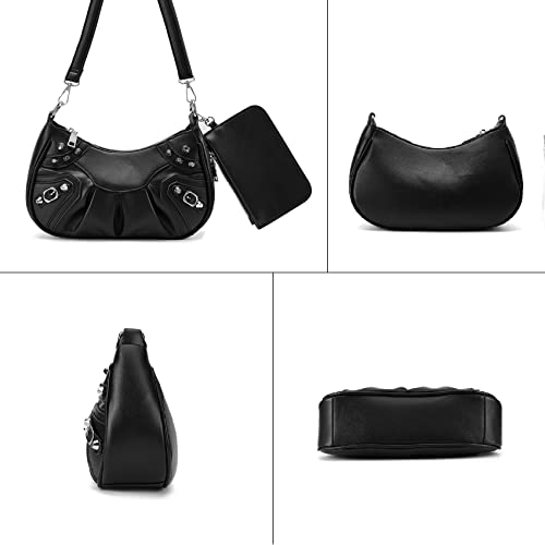 Women's Small Shoulder Handbag with Silver Chain and Removable Coin Pouch and Crossbody Strap (Black)