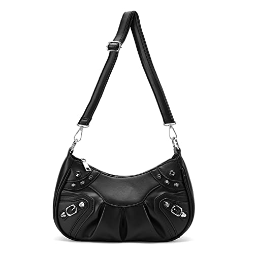 Women's Small Shoulder Handbag with Silver Chain and Removable Coin Pouch and Crossbody Strap (Black)