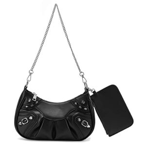 Women's Small Shoulder Handbag with Silver Chain and Removable Coin Pouch and Crossbody Strap (Black)