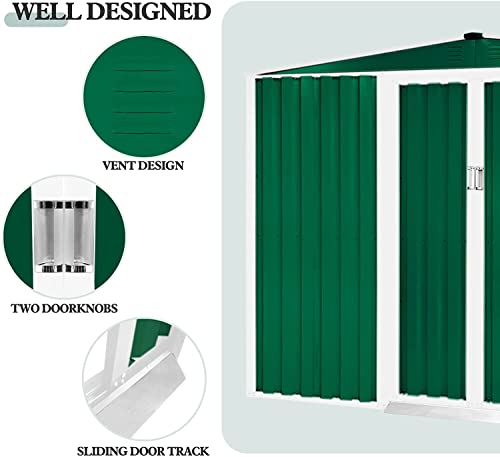 Incbruce 8x6 Ft Outdoor Storage Shed Double Sloping Roof Garden Shed, Galvanized Metal Storage Shed with Sliding Door, Metal Shed Kit with Double Doorknobs and Air Vents (Green)