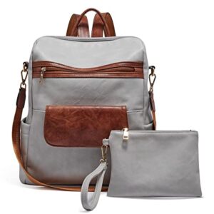 laorentou backpack purse for women fashion leather designer travel large handbags ladies shoulder bags (light gray)