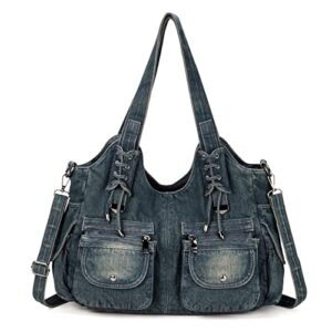 casual washed denim shoulder bags top handle lady’s hobo bags women purses and handbags (deep blue)