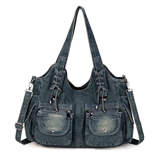 Casual Washed Denim Shoulder Bags Top Handle Lady's Hobo Bags Women Purses And Handbags (Deep Blue)