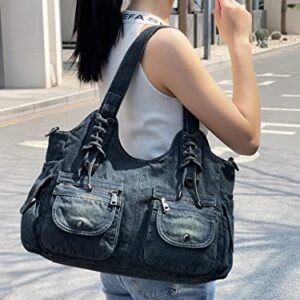 Casual Washed Denim Shoulder Bags Top Handle Lady's Hobo Bags Women Purses And Handbags (Deep Blue)