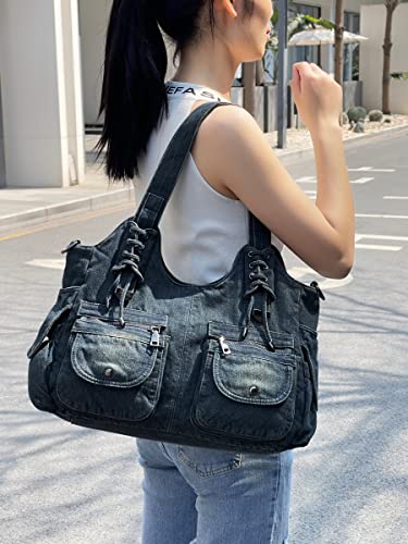 Casual Washed Denim Shoulder Bags Top Handle Lady's Hobo Bags Women Purses And Handbags (Deep Blue)