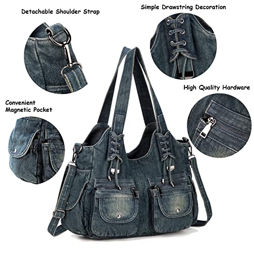 Casual Washed Denim Shoulder Bags Top Handle Lady's Hobo Bags Women Purses And Handbags (Deep Blue)