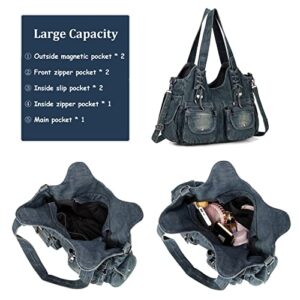 Casual Washed Denim Shoulder Bags Top Handle Lady's Hobo Bags Women Purses And Handbags (Deep Blue)