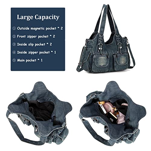 Casual Washed Denim Shoulder Bags Top Handle Lady's Hobo Bags Women Purses And Handbags (Deep Blue)