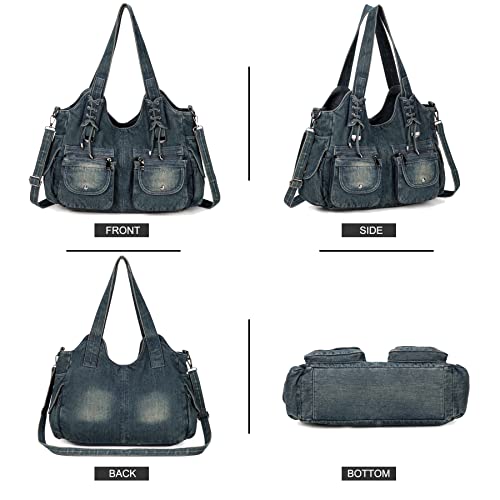 Casual Washed Denim Shoulder Bags Top Handle Lady's Hobo Bags Women Purses And Handbags (Deep Blue)