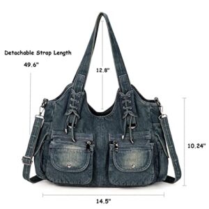 Casual Washed Denim Shoulder Bags Top Handle Lady's Hobo Bags Women Purses And Handbags (Deep Blue)