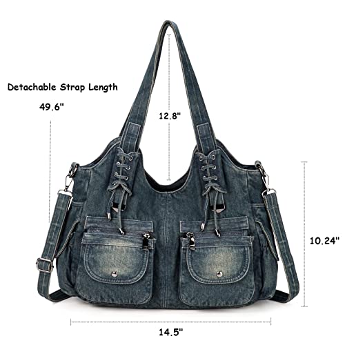 Casual Washed Denim Shoulder Bags Top Handle Lady's Hobo Bags Women Purses And Handbags (Deep Blue)