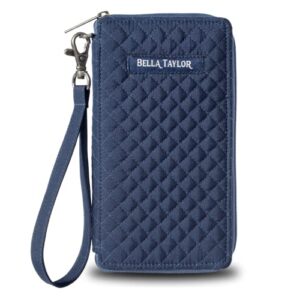 bella taylor country floral feedsack collection, rfid modern wristlet cell phone wallet for women and girls, vintage navy