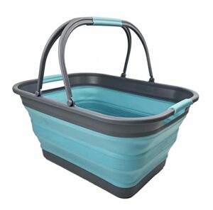 sammart 29l (7.6 gallons) collapsible tub with handle – portable outdoor picnic basket/crater – foldable shopping bag – space saving storage container (grey/crystal blue)