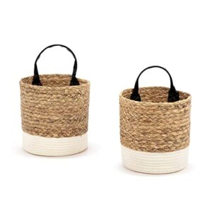 demdaco natural brown white trim braided 12 x 8.5 cotton and water hyacinth storage baskets with handles set of 2