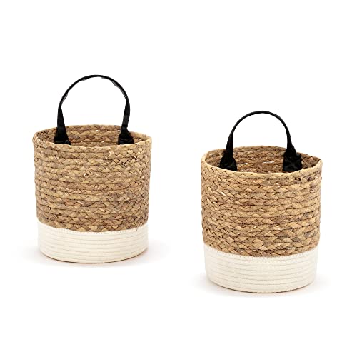 DEMDACO Natural Brown White Trim Braided 12 x 8.5 Cotton and Water Hyacinth Storage Baskets with Handles Set of 2