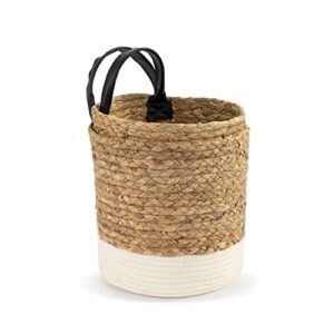 DEMDACO Natural Brown White Trim Braided 12 x 8.5 Cotton and Water Hyacinth Storage Baskets with Handles Set of 2