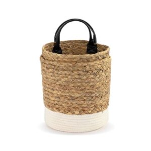 DEMDACO Natural Brown White Trim Braided 12 x 8.5 Cotton and Water Hyacinth Storage Baskets with Handles Set of 2