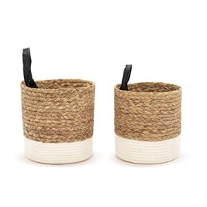 DEMDACO Natural Brown White Trim Braided 12 x 8.5 Cotton and Water Hyacinth Storage Baskets with Handles Set of 2