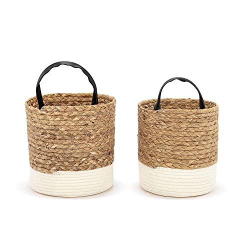 DEMDACO Natural Brown White Trim Braided 12 x 8.5 Cotton and Water Hyacinth Storage Baskets with Handles Set of 2