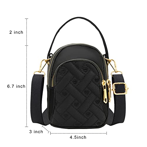 Dksyee Black Quilted Nylon Crossbody Phone Bag for Women Iphone Shoulder Bag Small Cell Phone Wallet Purses Iphone Crossbody Bag