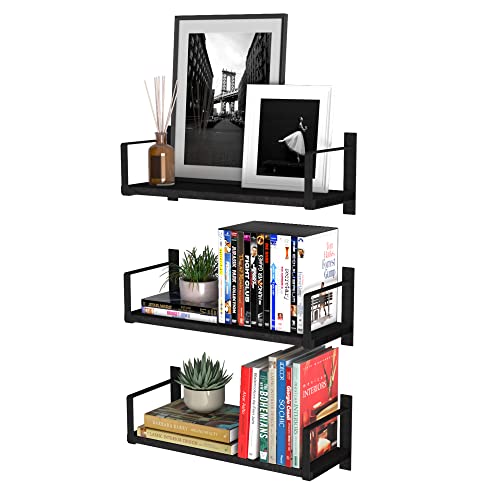 Wallniture Toledo Floating Shelves for Living Room Wall Shelves Dinning Room, Office & Kitchen Organization Bedrom Wall Decor Black Bookshelf Set of 3