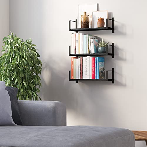 Wallniture Toledo Floating Shelves for Living Room Wall Shelves Dinning Room, Office & Kitchen Organization Bedrom Wall Decor Black Bookshelf Set of 3