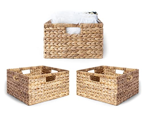 BARIEN 14.5” x 13.5” x 8” (Set of 3) Natural Water Hyacinth Storage Baskets, Rectangular Wicker Basket with Built-in Handles, Large (Natural - Set of 3)