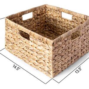 BARIEN 14.5” x 13.5” x 8” (Set of 3) Natural Water Hyacinth Storage Baskets, Rectangular Wicker Basket with Built-in Handles, Large (Natural - Set of 3)