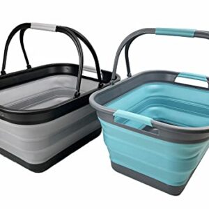 SAMMART 29L (7.6 Gallons) Set of 2 Collapsible Tub with Handle - Portable Outdoor Picnic Basket/Crater - Foldable Shopping Bag - Space Saving Storage Container (Alloy Grey + Crystal Blue)