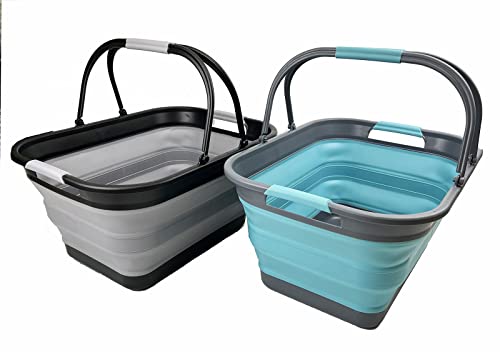 SAMMART 29L (7.6 Gallons) Set of 2 Collapsible Tub with Handle - Portable Outdoor Picnic Basket/Crater - Foldable Shopping Bag - Space Saving Storage Container (Alloy Grey + Crystal Blue)