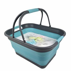 SAMMART 29L (7.6 Gallons) Set of 2 Collapsible Tub with Handle - Portable Outdoor Picnic Basket/Crater - Foldable Shopping Bag - Space Saving Storage Container (Alloy Grey + Crystal Blue)