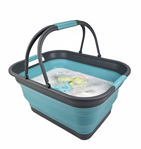 SAMMART 29L (7.6 Gallons) Set of 2 Collapsible Tub with Handle - Portable Outdoor Picnic Basket/Crater - Foldable Shopping Bag - Space Saving Storage Container (Alloy Grey + Crystal Blue)