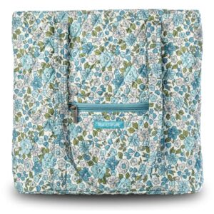 bella taylor country floral feedsack collection, quilted cotton large shoulder tote bag with zipper for women, delicate floral blue