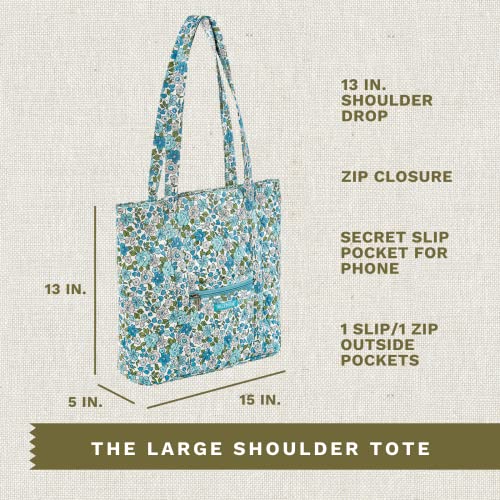 Bella Taylor Country Floral Feedsack Collection, Quilted Cotton Large Shoulder Tote Bag with Zipper for Women, Delicate Floral Blue