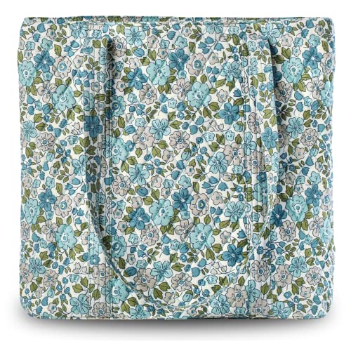 Bella Taylor Country Floral Feedsack Collection, Quilted Cotton Large Shoulder Tote Bag with Zipper for Women, Delicate Floral Blue