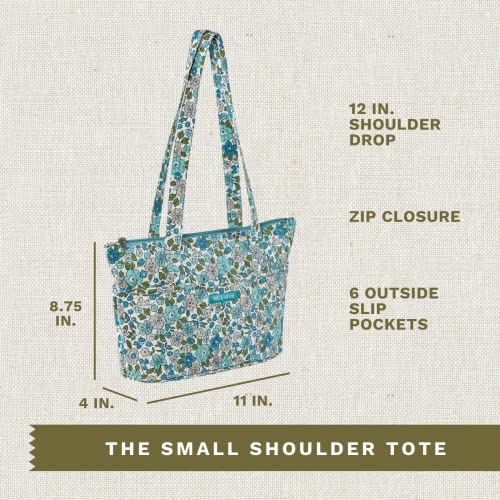 Bella Taylor Country Floral Feedsack Collection, Quilted Cotton Small Shoulder Tote Bag with Zipper for Women, Delicate Floral Blue