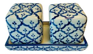 square salt and pepper shakers on tray porcelain blue and white