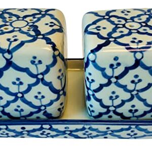 Square Salt and Pepper Shakers on Tray Porcelain Blue and White