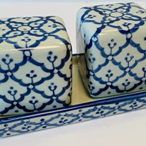 Square Salt and Pepper Shakers on Tray Porcelain Blue and White