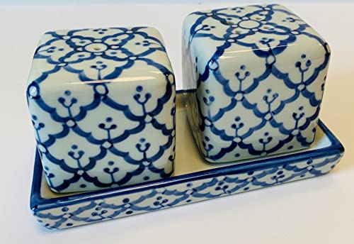 Square Salt and Pepper Shakers on Tray Porcelain Blue and White