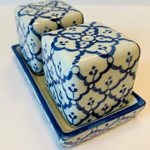 Square Salt and Pepper Shakers on Tray Porcelain Blue and White