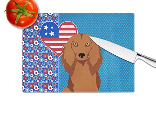 Caroline's Treasures WDK5196LCB Longhair Red Dachshund USA American Glass Cutting Board Large, 12H x 16W, multicolor