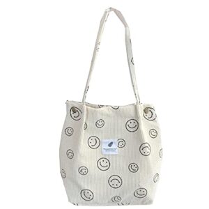 corduroy totes bag women’s shoulder handbags big capacity shopping bag with inner pockets（white smile）