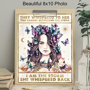 Women's empowerment Motivational poster - Positive Encouragement Gift for Teen Daughter - Inspiration Saying Wall Art - Boho Bedroom decoration - They Whispered to Her You Cannot Withstand The Storm