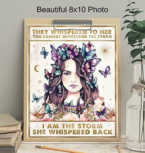 Women's empowerment Motivational poster - Positive Encouragement Gift for Teen Daughter - Inspiration Saying Wall Art - Boho Bedroom decoration - They Whispered to Her You Cannot Withstand The Storm