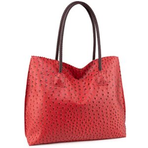 milan chiva leather tote bag for women with zipper large ostrich hobo purse shoulder purses and handbags, mc-1038rd