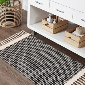 Lahome Boho Bathroom Rugs, Small 2x3 Front Door Mat Lightweight Kitchen Rug Woven Cotton Area Rug with Tassels, Farmhouse Washable Black and White Throw Rug Low Pile Carpet for Entry Laundry